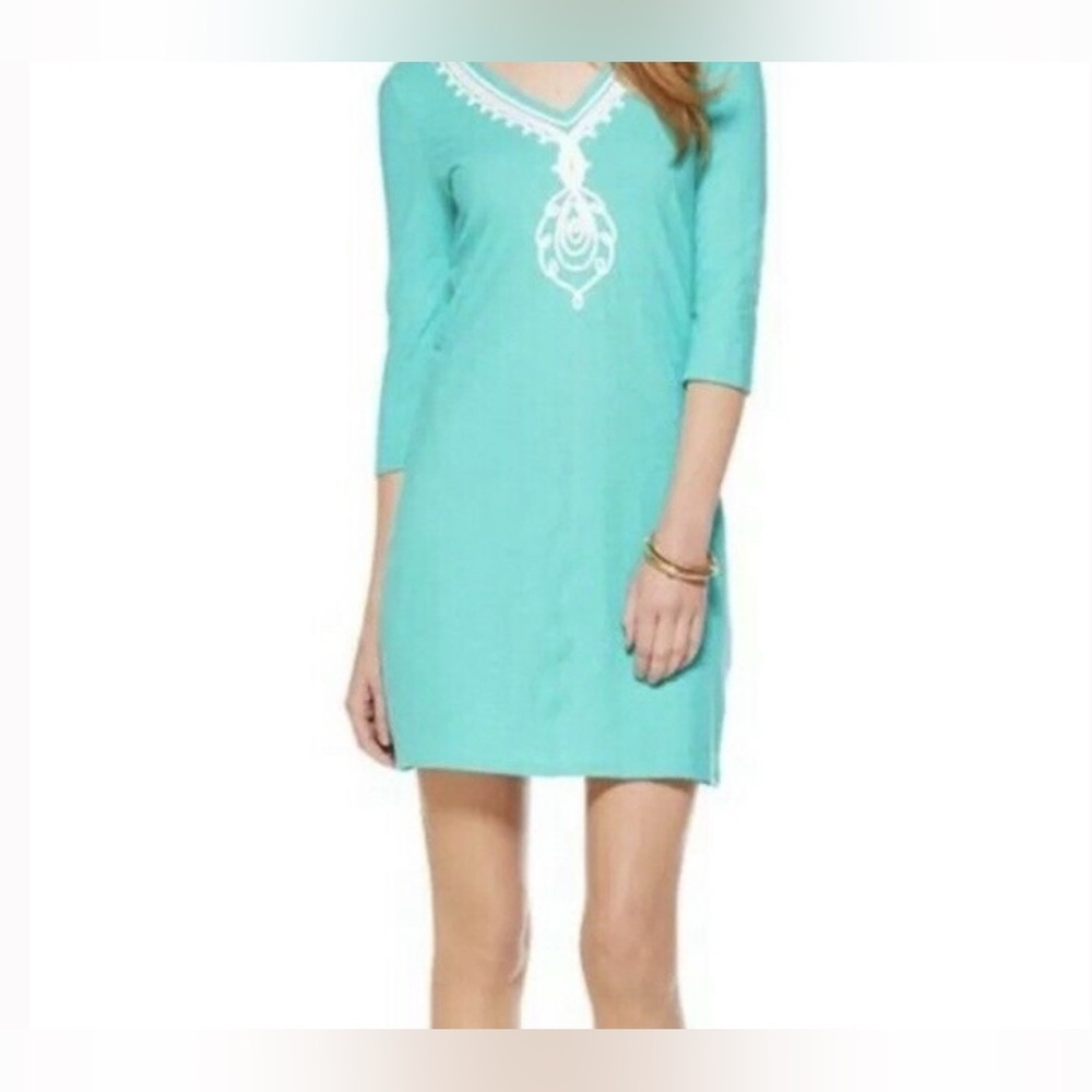 LILLY PULITZER Tidewater Tunic Dress M Classic 3/4 length sleeves V Neck cotton - Picture 2 of 9